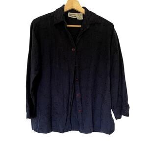 Lemon Grass Embroidered Button Down Shirt S Navy Women Cotton Linen Blend